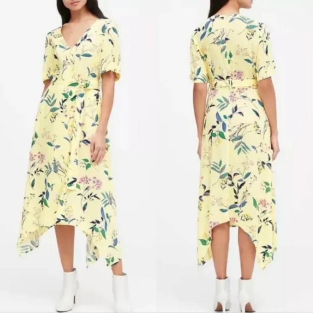 Banana Republic Yellow Floral Wrap Midi Dress